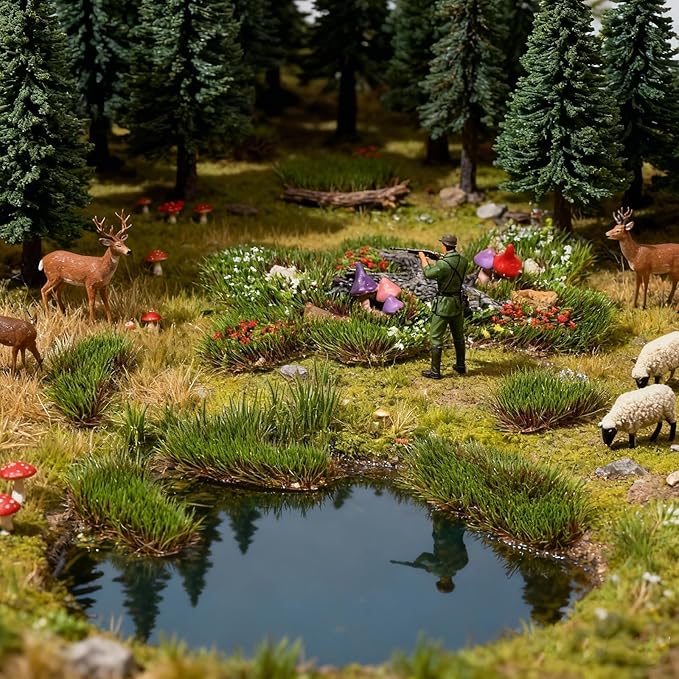 Warmtree 1 Box Static Grass Bushy Tufts Lowland Shrubs Scenery DIY Miniature 3D Tree Branches and Mushroom for Train Landscape Scenery Military Layout Model War Gaming Terrain (Summer Green)