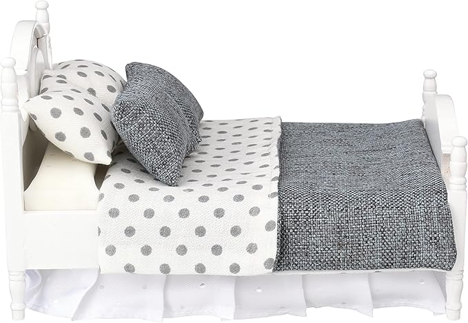 Dollhouse Furniture mini Bed Set, Realistic Bedroom Accessories for 6 inch Dolls, Decorative Grey Bedspread & Pillows, White Wooden Frame, 1/12 Scale