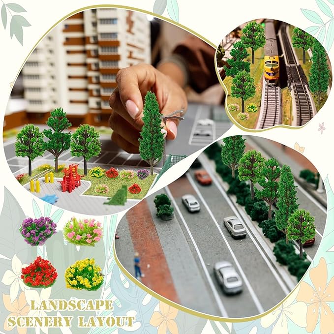 Warmtree 47 Pcs Model Trees and Flowers - 32 Colorful Flower Clusters, 15 Mixed Trees for Miniature Fairy Garden, Train Landscape, Military Layout, and Dioramas