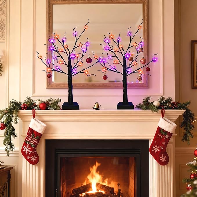 HipTree 2-Pack Lighted Halloween Christmas Fall Tree Decorations Indoor, 2ft Black Birch Tree with LED Lights, Small Tabletop Christmas tree with lights, Warm White Battery- Powered Fairy Light Spirit