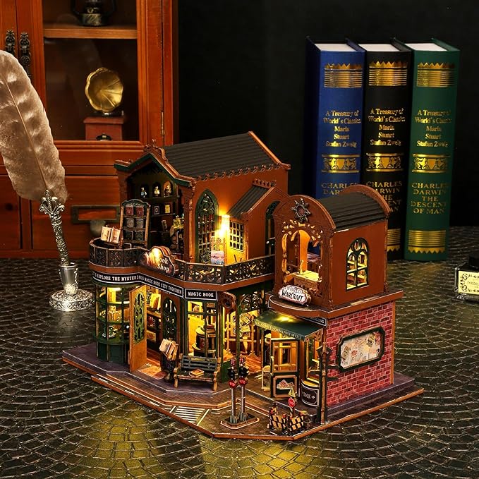 Book Nook Kit with LED – DIY Wooden Miniature Bookshop Puzzle Model for Teens & Adults, Easy Craft Assembly, Collectible Gift & Bookshelf Display Decor for Relaxing Hobbies & Holiday Joy