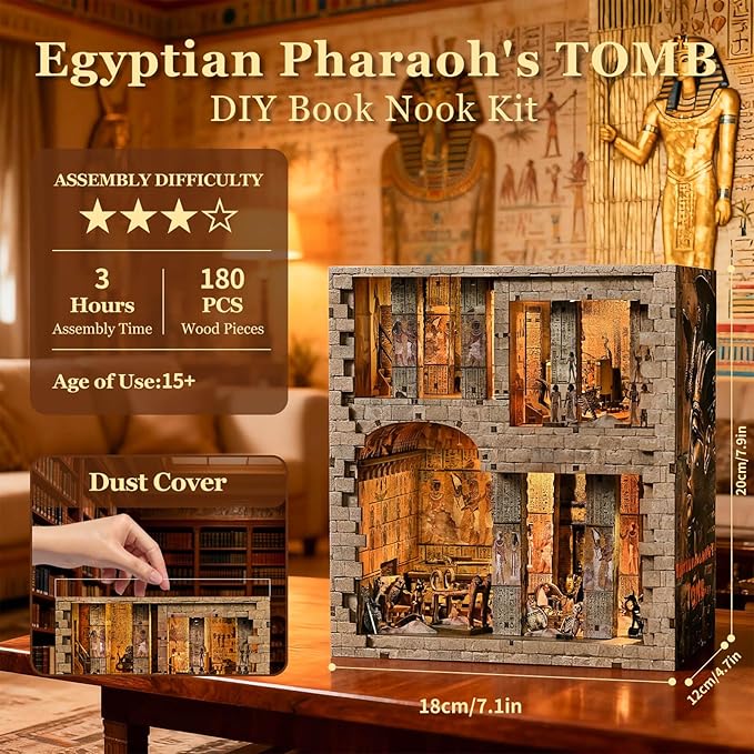 Book Nook Kit - DIY Miniature House Dollhouse Kit for Adults and Teens, 3D Wooden Puzzle Booknook Build Bookshelf Decor with LED Light, Gifts for Family and Friends (Egyptian Pharaoh's Tomb)