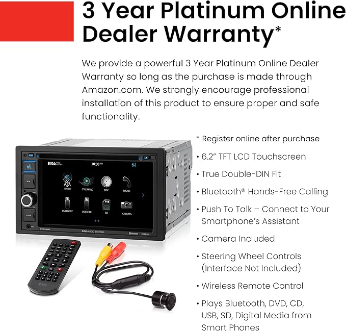 BOSS Audio Systems BVB9364RC Car Stereo - Double Din, 6.2 Inch Touchscreen, Bluetooth, CD DVD Player, AM/FM Radio Receiver, Backup Camera, USB, SD, Wireless Remote Control