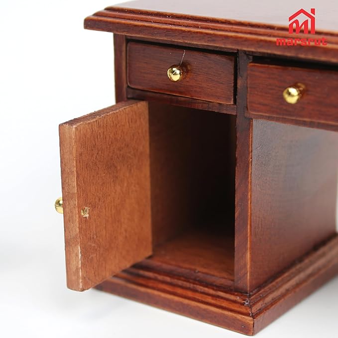 1/12 Scale Wooden Dollhouse Desk and Chair Set, Miniature Office Furniture, Computer Table Accessory, Retro Writing Simulation Pretend Play Doll House Accessories for Photo Props Classroom Scene