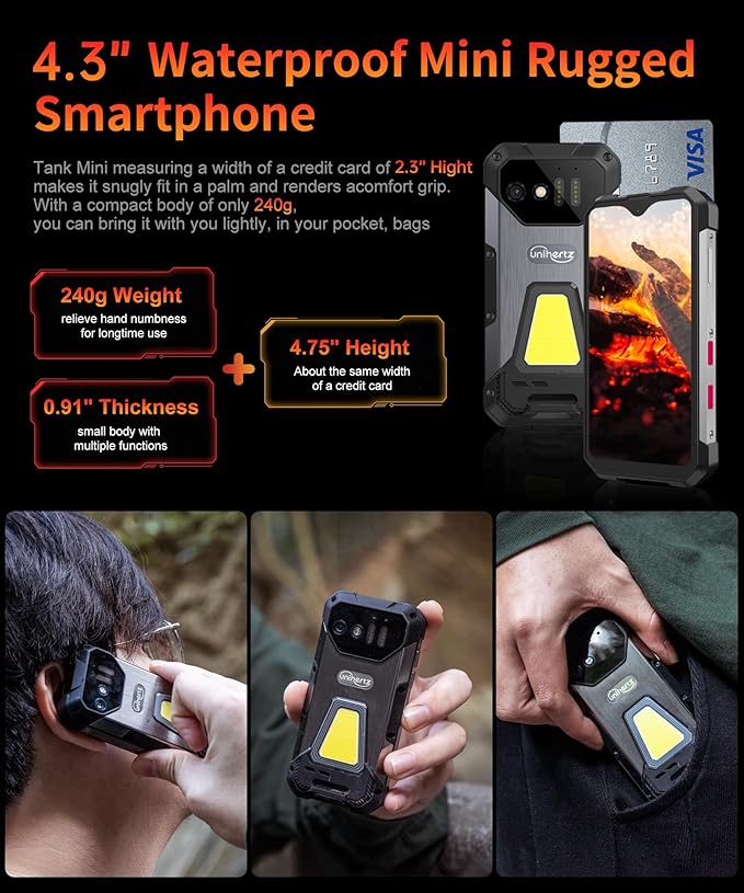 8849PRO Tank Mini,4.3" Android 13 Outdoor Rugged Smartphone Unlocked,Waterproof 4G Mobile Cell Phones with Camping Light,24GB RAM+256GB ROM,5800mAh/GPS/OTG(Support T-Mobile& Verizon Only)