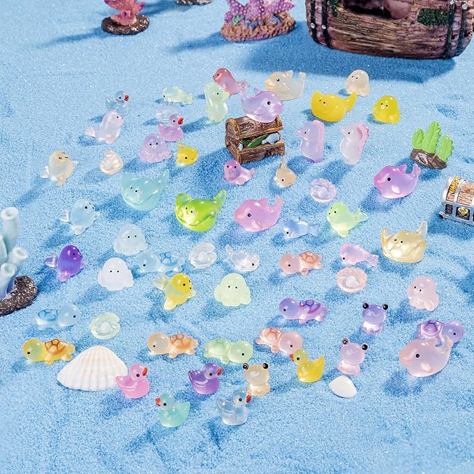 105pcs Luminous Mini Resin Animals 11 Types Glow in the Dark to Hide Miniature Resin Animals Figures Small Plastic Ocean Animal for Fairy Garden Micro Landscaping Dollhouse Home Decor Party Gifts.