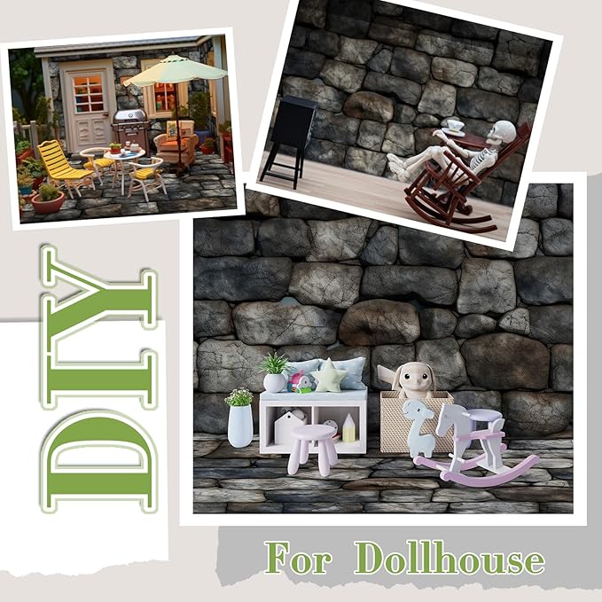 Flutesan 24 Pcs Miniature Dollhouse Wallpaper and Flooring Peel and Stick Mini DIY Self Adhesive Dollhouse Accessories 8.27 x 11.69 Inch (Stone Pattern)