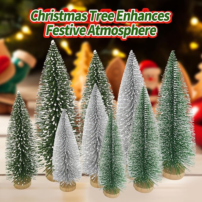 Yahpetes Christmas Trees 9 Pcs Artificial Bottle Brush Tabletop Trees Christmas Table Decorations for Xmas Holiday Party Decor (Silver,Green,Dark Green 9Pcs)