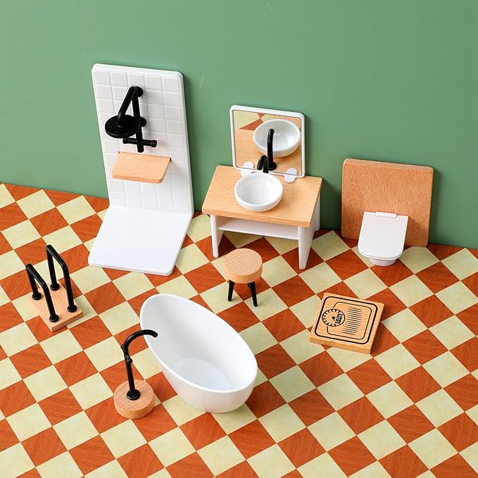 Gatuida Miniature Dollhouse Bathroom Accessories Set, 1:12 Scale, 8-Piece Assorted Color, Wood and Plastic, Includes Sink, Bathtub, Toilet, and More, for Dollhouse Decoration and
