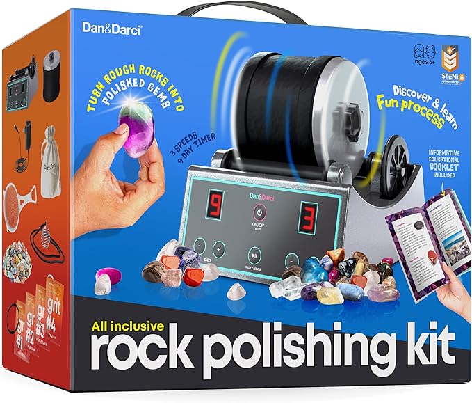 Dan&Darci Advanced Professional Rock Tumbler Kit - with Digital 9-Day Polishing Timer & 3 Speed Settings - Turn Rough Rocks into Beautiful Gems : Great Science & STEM Geology Toy for Kids All Ages