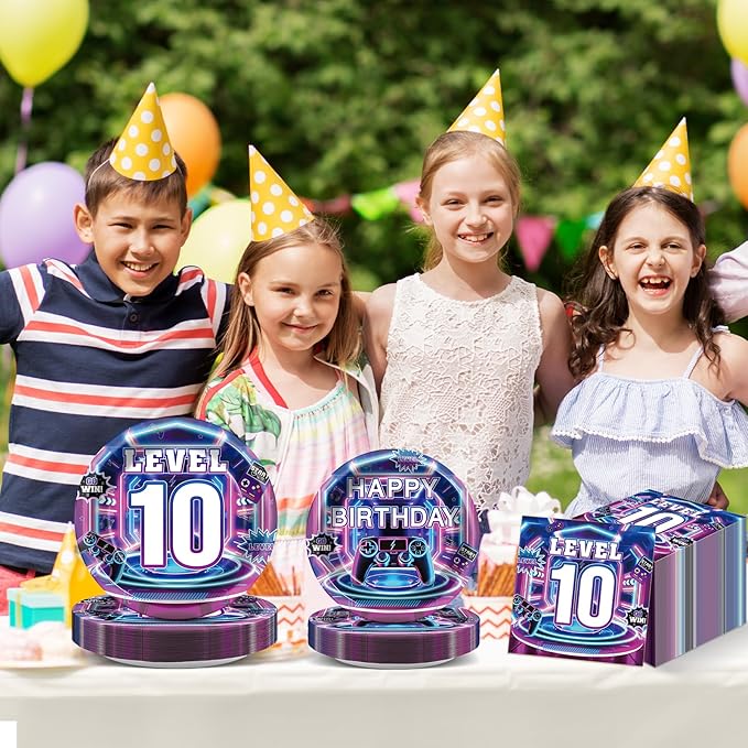 96Pcs 10th Birthday Video Game Party Decorations 10 Years Old Themed Tableware Purple Blue Plates Napkins Forks Level 10 Dinnerware Party Supplies for Kids Boys Gamer Gaming Birthday Serves 24 Guests