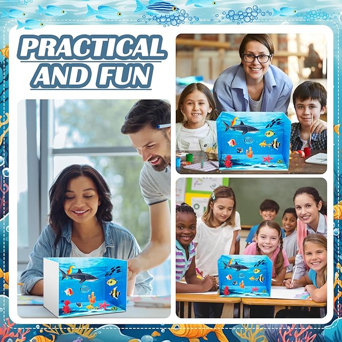 AmazingSpark 2 Set Ocean Diorama Box and Water Sticker Decor, Ocean Diorama Project Supplies Set, Cardboard Display Case Kit & Water Sticker with Double Sided Tapes for DIY Crafts Toys Dollhouse
