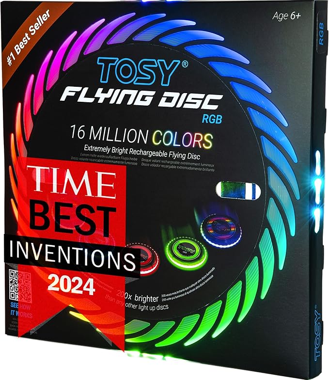 TOSY Flying Disc - 108 RGB Multicolor or 36 Monocolor LEDs, Super Bright, Smart Modes, Cool Valentine Easter Gift, Camping Toy for Kid/Teen/Adult, Auto Light Up, Rechargeable, Waterproof, 175g
