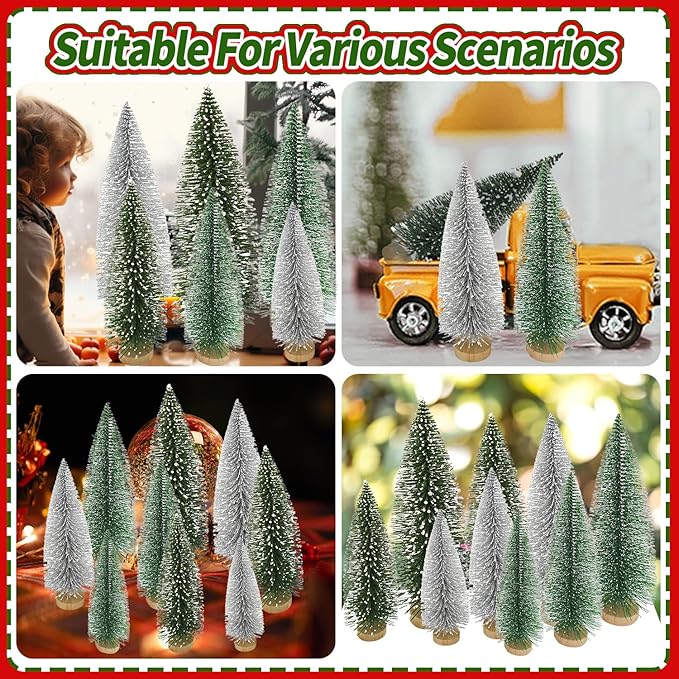 Yahpetes Christmas Trees 9 Pcs Artificial Bottle Brush Tabletop Trees Christmas Table Decorations for Xmas Holiday Party Decor (Silver,Green,Dark Green 9Pcs)
