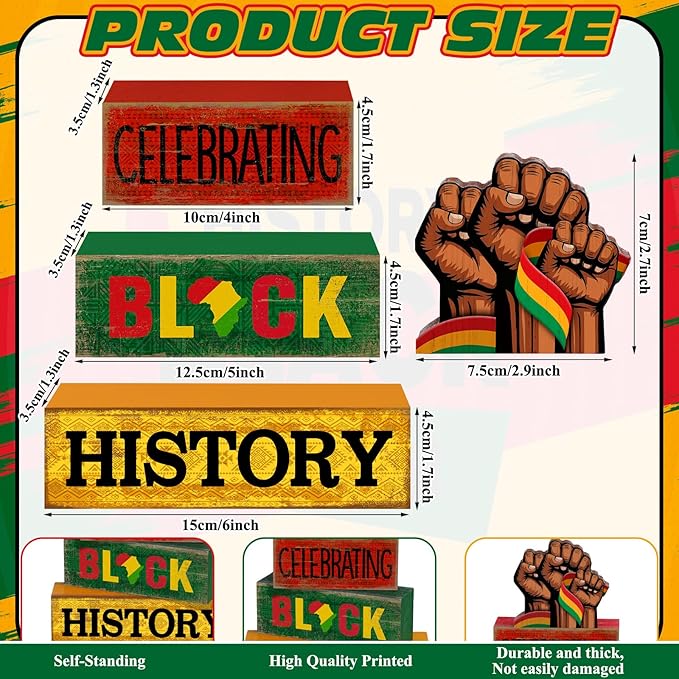 Moucuny 4 Pcs Black History Month Table Decorations Wooden Wrist Black History Month Tiered Tray Decor Red Yellow Green African American Centerpiece Rustic Wrist Block Signs Gift Farmhouse for Home