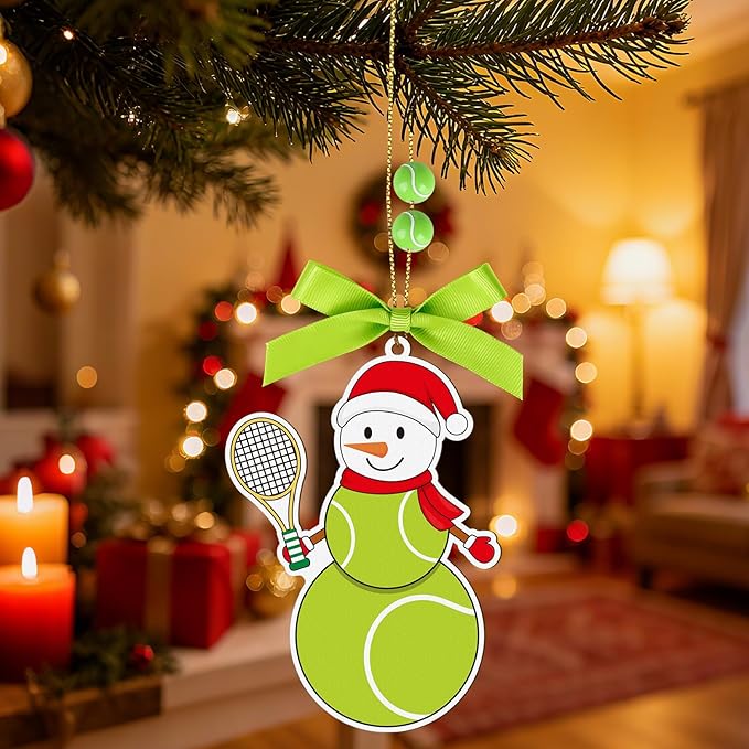 4.3 Inches Snowman Tennis Christmas Ornament, Wooden Tennis Snowman Tree Ornament Hanging Decoration for Rearview Mirror, Window, Eaves, Fireplace and Home Holiday Party Decor