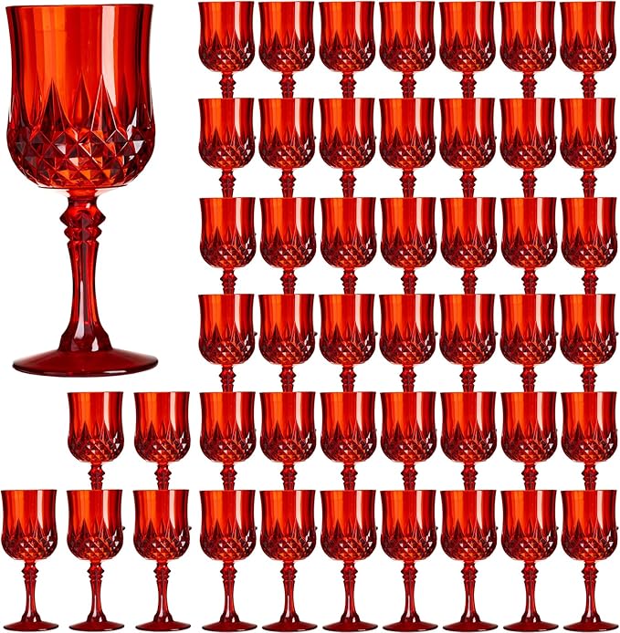 XKXKKE 48 Pcs Red Plastic Wine Glasses, Plastic Water Goblets for Parties, Stemmed Drinking Glasses for Wedding Reception, Grand Event Party Bar Supplies Reusable Drinking Cups