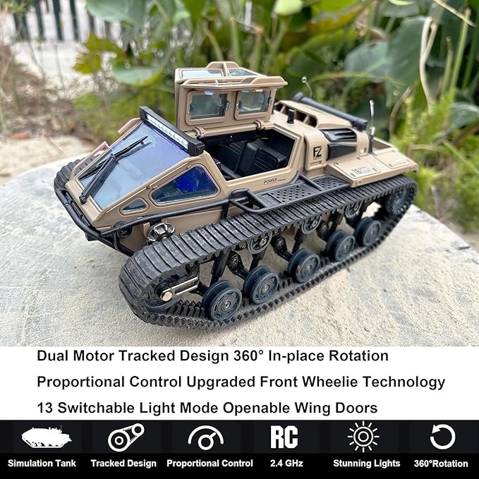 RC Tank Car 1/16 Scale Remote Control Tank Off Road RC Crawler 4WD RTR 360°Rotating Drifting Dual Motor Gearbox Proportional Control Tracked Military Truck Hobby Toy for Adult