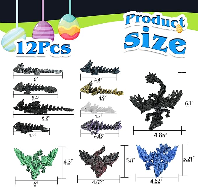 12PCS 3D Printed Dragon Set – Black Series Articulated Crystal Dragons, Cool Fidget Toys & Desk Decor, Unique 3D Printed Animals, Vibrant Gift for Teens, Adults, Party Favors