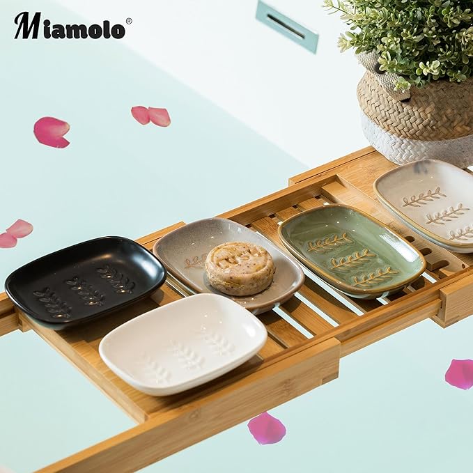 Miamolo Soap Dish Bar Cleaner Dish for Shower, Ceramic Soap Dishes for Large Soap Bar Shampoo or Sponge, Shower Soap Dish Soap Saver Tray for Bathroom Kitchen Sink, Easy to Clean