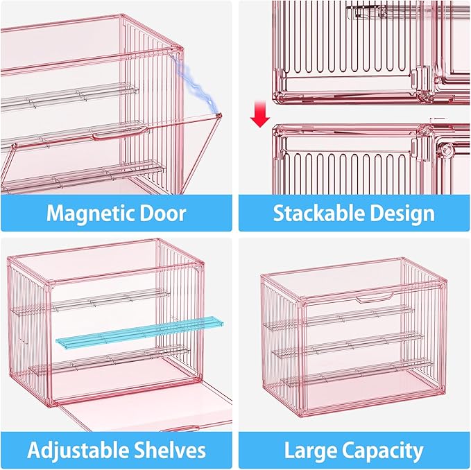 Clear Pink Acrylic Figure Display Case for Collectibles 4 Layer Hobby Figurine Display Shelf Cases Stackable Display Boxes with Shelves for Pop Mart, Action Figures, Model, 1 Pack