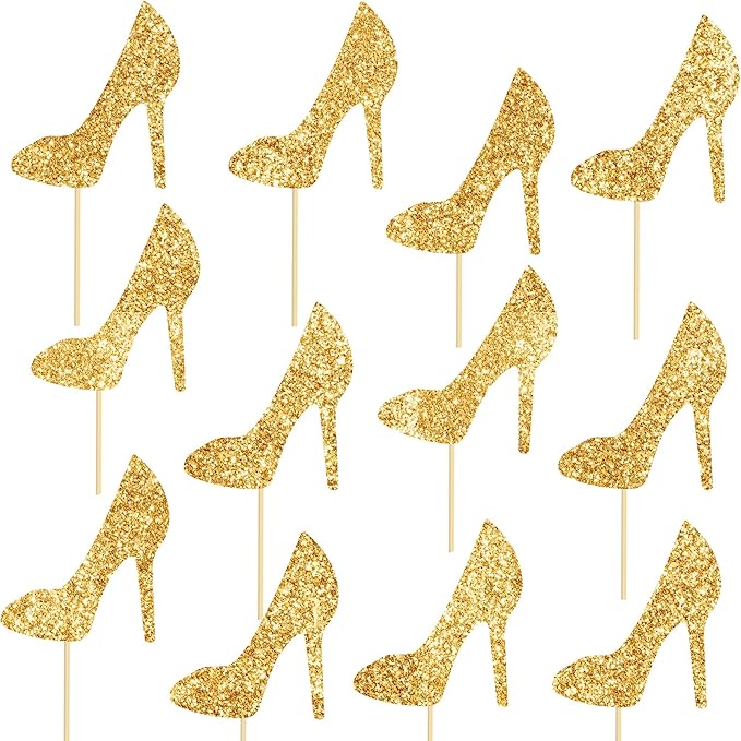 Glitter Gold High Heel Ccenterpiece Sticks Birthday Party Wedding Party Suppliesns 12PCS Stiletto Heels Table Toppers Shoes Table Decorations for Women Bachelorette Party Decor