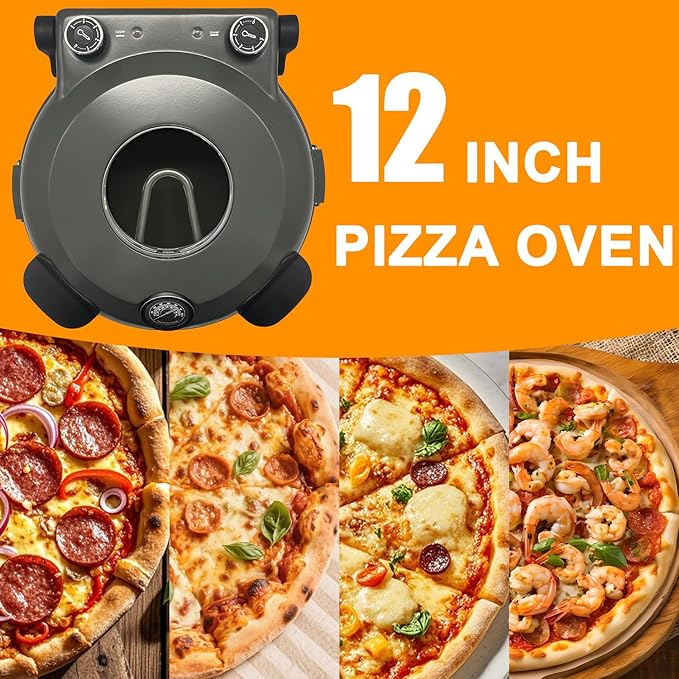 ECUMFFY Pizza Oven Indoor, 12 Inch Retro Pizza Maker, Rapid Heating 800˚F, 1200W Glazed Ceramic Stone Electric Pizza Cooker, Two-button Precise Temperature Control, Viewing Window for Precise Cooking