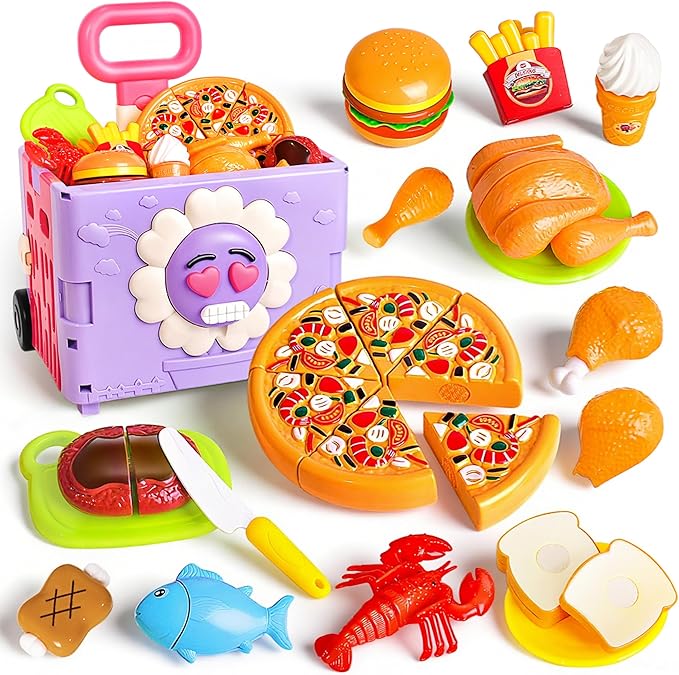 45PCS 3-in-1 Toddler Girl Foldable Shopping Cart Trolley Play Set W/Pretend Play Food for Kids Kitchen ,Cutting Fake Food W/Pizza ,Hamburger ,Play Kitchen Accessories,Gifts for Boys and Girls Ages 3+
