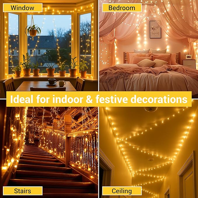 Lightacles Magnetic Christmas Lights - 60ft LED String Lights with Quick Connect - Indoor Plug in - Warm & Bright White - New Years Eve Decorations
