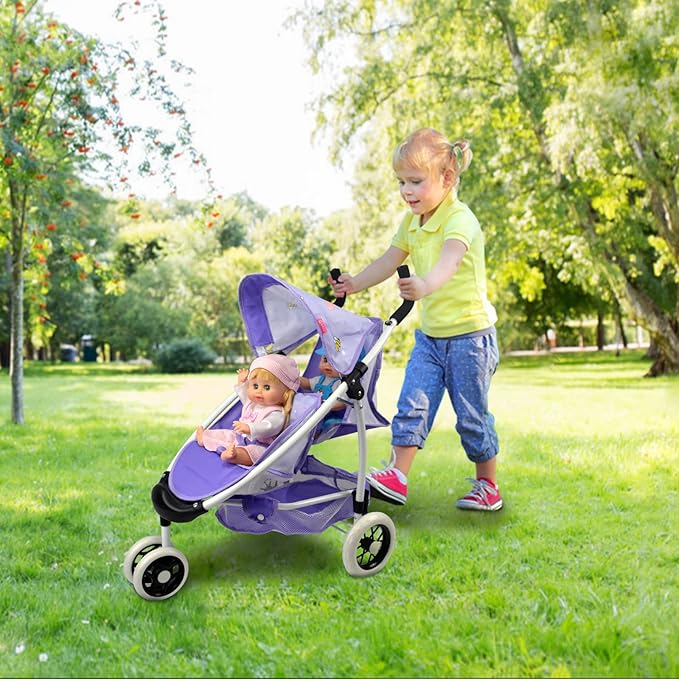 Doll Stroller Toy Anivia Realistic Twin Dolls Pram, Doll Pushchair with Shopping Basket Heart Design Gifts for Toddlers and Girls Foldable Baby Doll Stroller Toy (DA310pur)
