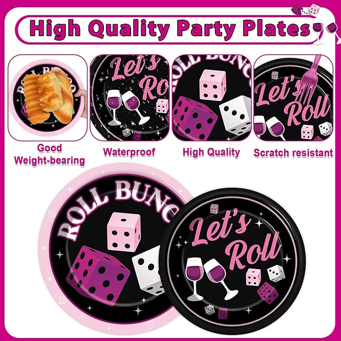 96Pcs Bunco Party Decorations Card Game Themed Tableware Pink Black Bunco Plates Napkins Forks And Napkins Let’s Roll Dinnerware Casino Night Bachelorette Party Supplies for Birthday Serves 24 Guests