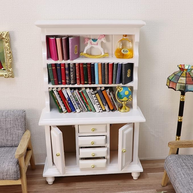 1:12 Scale Miniature Cupboard Bookshelf Classic Wooden Mini Storage Hutch Kitchen Dollhouse Bookshelf Wood Cabinet 1:12 Furniture Display Showcase Decoration Sideboard Accessories (White)