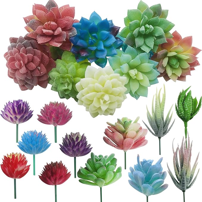 Cayway 20 PCS Artificial Succulent Plants Assorted Multicolor Faux Fake Succulents, Cactus Aloe Succulent Assortment in Flocked in Different Type for Birthday Home Decor Indoor Garden DIY