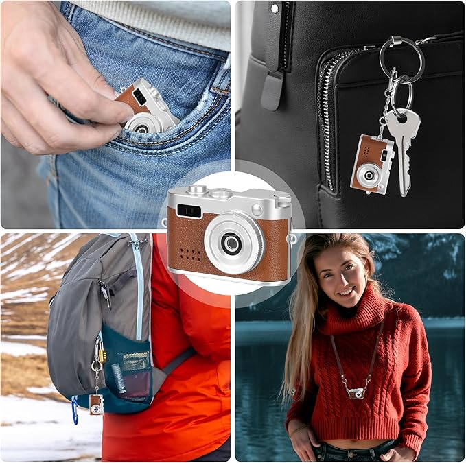 Mini Keychain Camera, FHD 1080p Mini Digital Camera with 32GB SD Card, 0.96" HD Display, 100 Mins Battery Life for Travel Recording Birthday Gifts (Vintage, Brown)