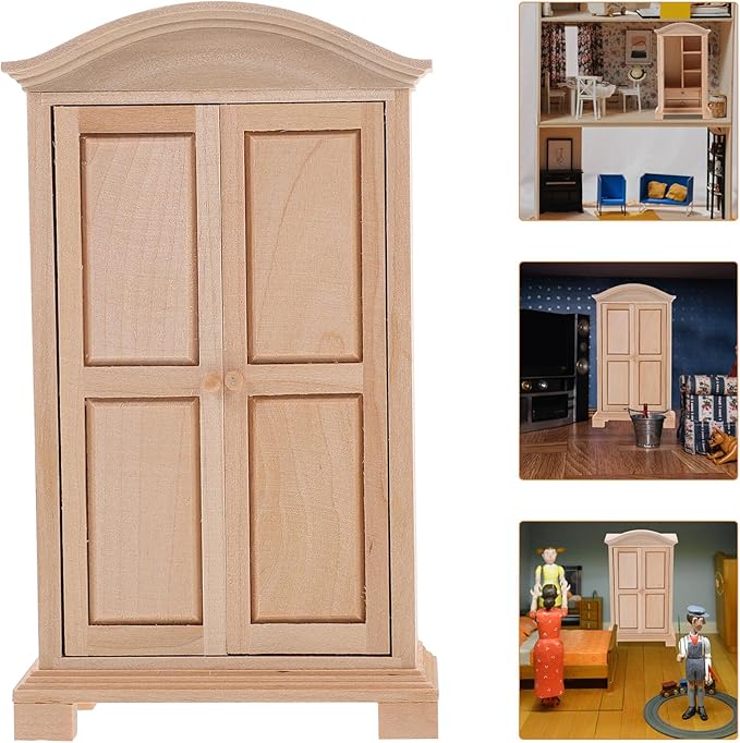 Abaodam Mini Wooden Wardrobe Model 1 12 Scale Doll House Furniture Double Door Closet Tiny Wardrobe for Dollhouse Decor and Accessories