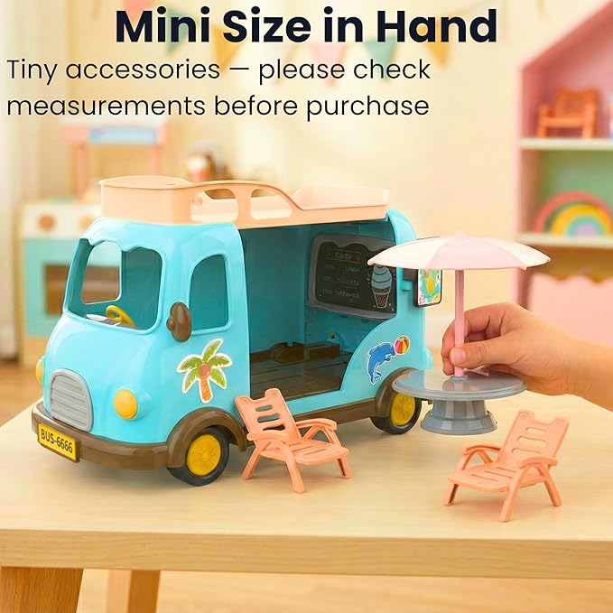 Family Ice Cream Truck Toy — Dessert Food Truck Playset with Cash Register, Chairs & Umbrella, Dollhouse Pretend Play Vehicle, Gift for Kids Ages 3+
