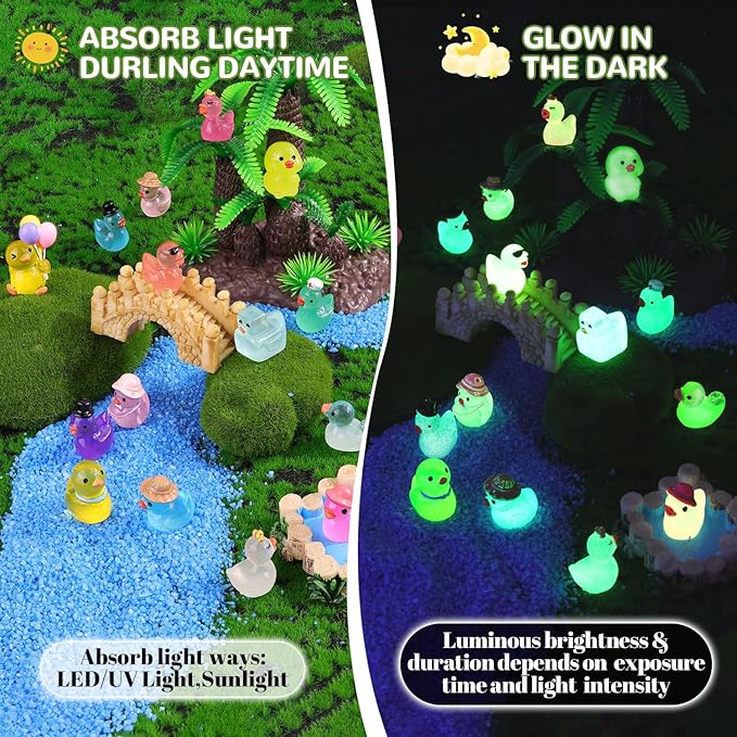 50PCS Mini Resin Animals Assorted Styles Tiny Ducks Glow in Dark,Miniature Duck Figures to Hide,Little Animal Bulk for Topper Desk Garden Landscape Aquarium DIY Crafts & Decor
