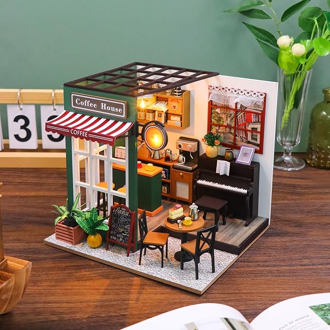 CUTEROOM DIY Miniature House Kit-Coffee Time, Tiny Dollhouse Wooden Furniture Kit, Mini DIY Craft Kits Creative Room for Decoration Family Friends