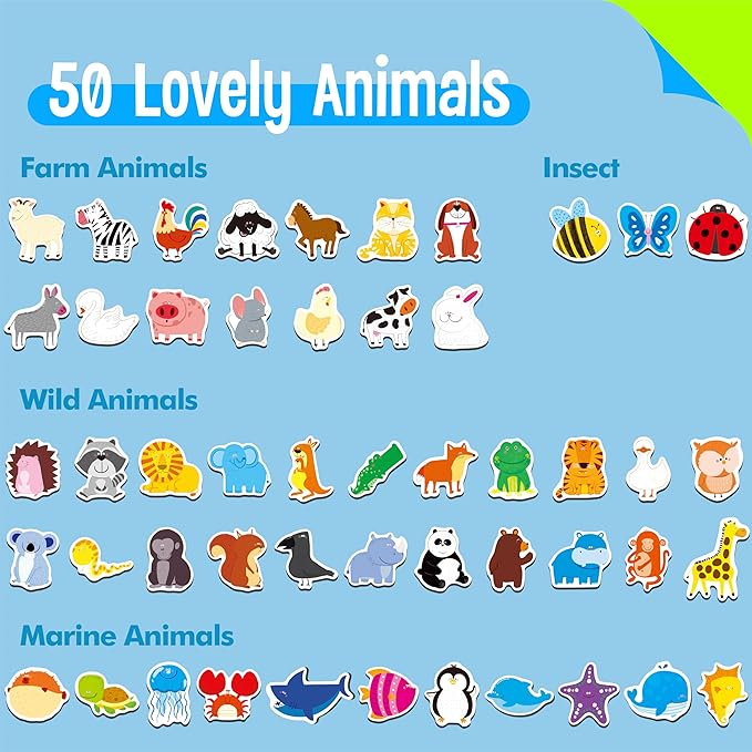 50 PCS Animal Magnets, Adorable Magnetic Animal -Wild Animal, Farm Animal & Marine Animal-Thick Refrigerator Magnets Cute Educational Learning Toys for Kids 3+