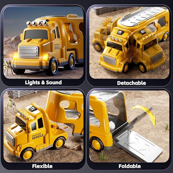 Construction Trucks Toys for 2 3 4 5 Years Old Boys - 7-in-1 Carrier Transport Vehicle Trucks for Kids 1-3 3-5, Car Toys with Light Sound, Birthdays Gifts Set for Kids Age 3-9