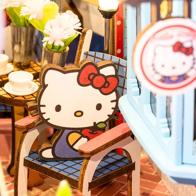 Hands Craft DIY Miniature Kit Book Nook - Hello Kitty Town Square | Whimsical Miniature Scene | Intricate Design, Adorable Charm | LED Lights | Bookshelf Decor | Gift for Hello Kitty Fans
