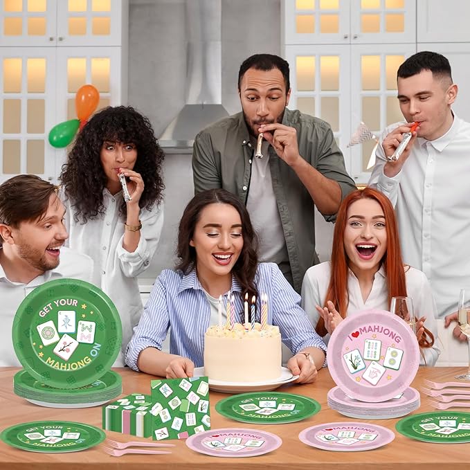 96pcs Mahjong Party Decorations Mahjong-Themed Paper Tableware Set Pink And Green Plates Napkins Forks Dinnerware for Home Special Events Game Night Party Supplies Birthday Serves 24 Guests
