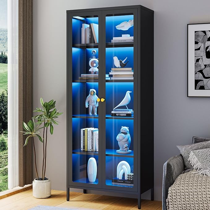 5-Tier Display Cabinet with 13-Color Light, 67" Tall Bookcase Bookshelf with Glass Doors & Adjustable Shelves, Metal Storage Cabinet Display Case for Collectibles Curios Trophies - Black