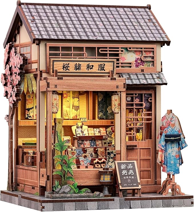 CUTEBEE Book Nook Kit - Japanese Sakura Kimono Shop DIY Dollhouse 3D Wooden Puzzle Booknook for Adults and Teens, Miniature House Bookshelf Decor, Ideal Gift for Family and Friends