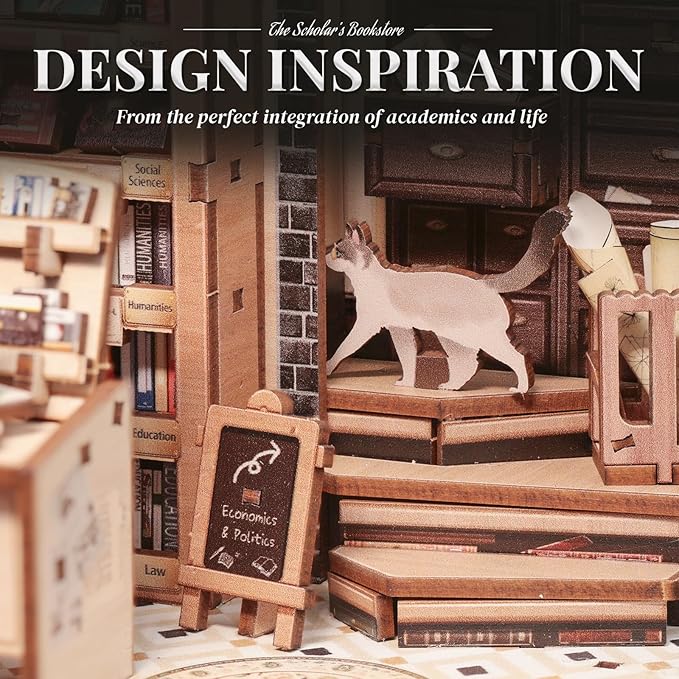 Cutefun Book Nook Kit - DIY Miniature Dollhouse Kit 3D Creative Decorative Bookend 3D Wooden Puzzle for Adults, Bookshelf Insert Library Decor with LED Light (The Scholar's Bookstore)