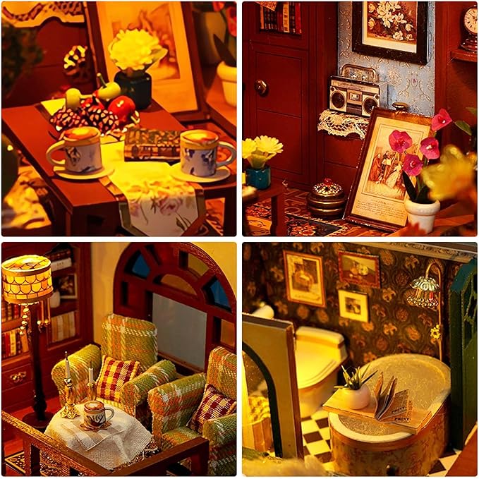 DIY Miniature House Kit, Dollhouse Kit with Light and Dust Cover, Mini House Building Kits for for Adult to Building, Christmas Home Decorations Gifts for Family and Friends, Retro Loft