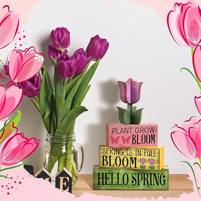 Moucuny 4 Pcs Spring Table Decorations Tulip Flower Wooden Signs Spring Tiered Tray Decor Wooden Tulip Block Signs Pastel Flower Table Centerpieces Decor for Home Kitchen Shelf Office