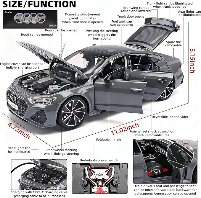 1:18 Audi RS7 Diecast Car,Pull Back Toy Model Cars,Remote Control Key Version Metal Toy Cars with Lights and Sounds,Gift for Children and Adult（Gray）