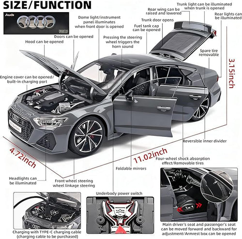 1:18 Audi RS7 Diecast Car,Pull Back Toy Model Cars,Remote Control Key Version Metal Toy Cars with Lights and Sounds,Gift for Children and Adult（Gray）