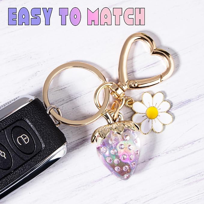 Wikavanli Cute Strawberry Keychain,Bag Charms,Kawaii Heart Flower Daisy Key chains Accessories Decor for Women Girls Purse